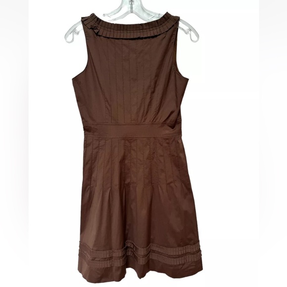 Tory Burch Cotton Brown Aline Empire Waist Knee Length Dress Sz 2 Pleated - Picture 2 of 5